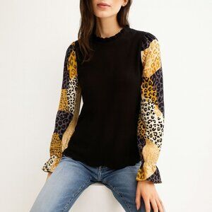 THML Black Ribbed Top Animal Print Balloon Sleeve Ruffle Neck Blouse